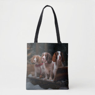 Brittany Spaniel Snowy Sleigh Christmas Decor   Tote Bag