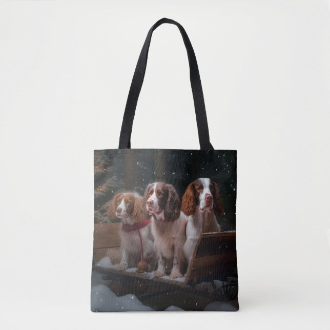 Brittany Spaniel Snowy Sleigh Christmas Decor   Tote Bag (Front)