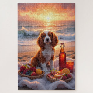 Brittany Spaniel Sunset Beach Picnic Jigsaw Puzzle