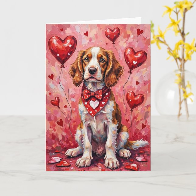 Brittany Spaniel Valentine’s Day Dog with Hearts Card (Yellow Flower)