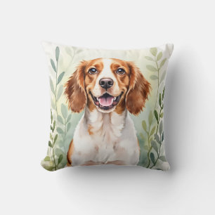 Brittany Spaniel Watercolor Leaf Pattern Art Cushion