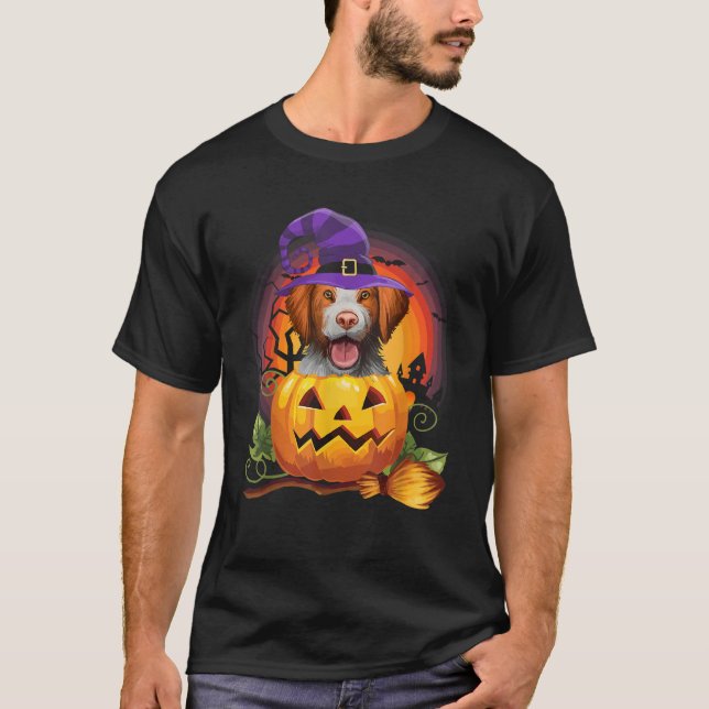 Brittany Spaniel Witch Pumpkin Halloween Dog Lover T-Shirt (Front)