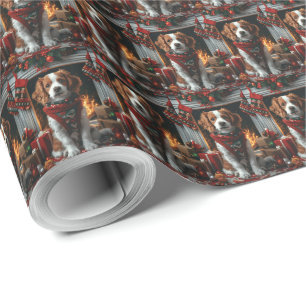 Brittany Spaniel with Christmas Gifts Fireplace  Wrapping Paper