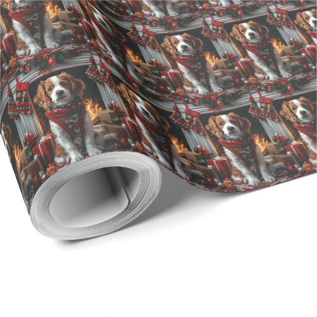 Brittany Spaniel with Christmas Gifts Fireplace  Wrapping Paper (Roll Corner)