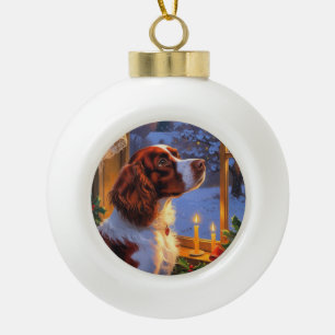Brittany Spaniel with Christmas Lights Holiday  Ceramic Ball Christmas Ornament