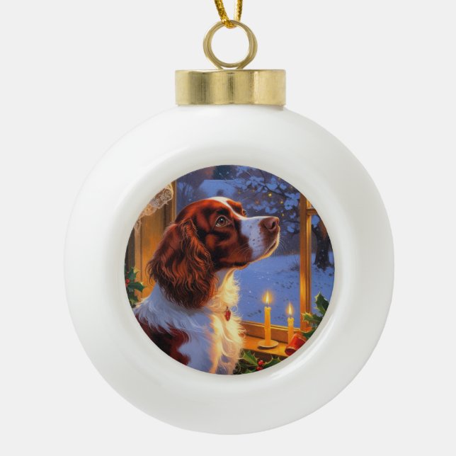 Brittany Spaniel with Christmas Lights Holiday  Ceramic Ball Christmas Ornament (Front)