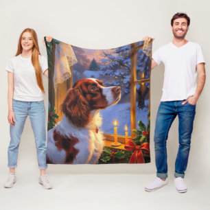 Brittany Spaniel with Christmas Lights Holiday  Fleece Blanket