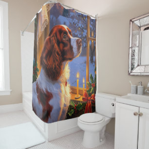 Brittany Spaniel with Christmas Lights Holiday  Shower Curtain
