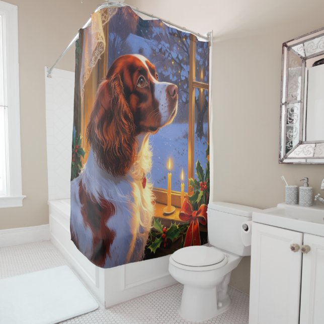 Brittany Spaniel with Christmas Lights Holiday  Shower Curtain (In Situ)