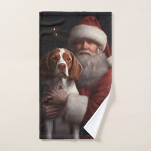 Brittany Spaniel With Santa Claus Christmas Bath Towel Set