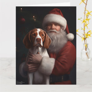 Brittany Spaniel With Santa Claus Christmas Card