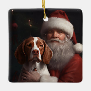 Brittany Spaniel With Santa Claus Christmas Ceramic Ornament
