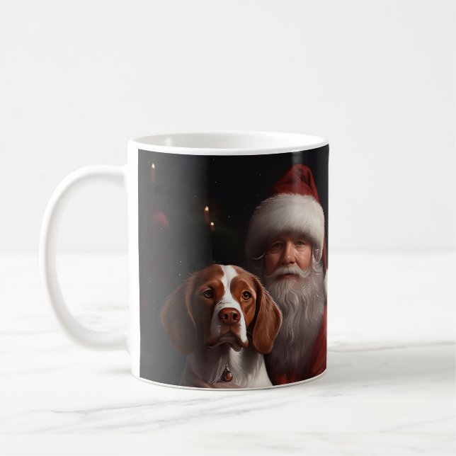 Brittany Spaniel With Santa Claus Christmas Coffee Mug (Left)