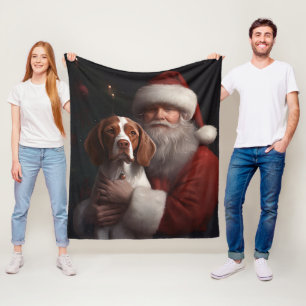 Brittany Spaniel With Santa Claus Christmas Fleece Blanket