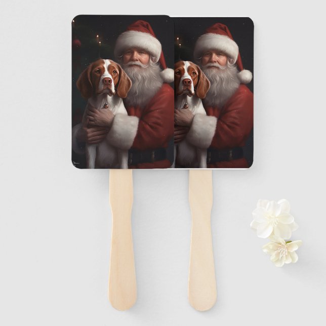 Brittany Spaniel With Santa Claus Christmas Hand Fan (Front and Back)