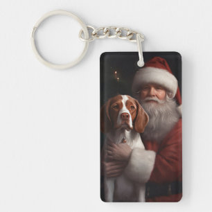 Brittany Spaniel With Santa Claus Christmas Key Ring