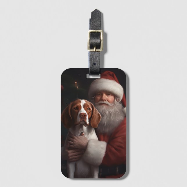 Brittany Spaniel With Santa Claus Christmas Luggage Tag (Front Vertical)
