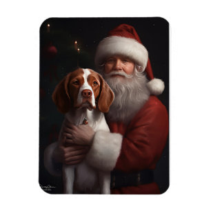 Brittany Spaniel With Santa Claus Christmas Magnet