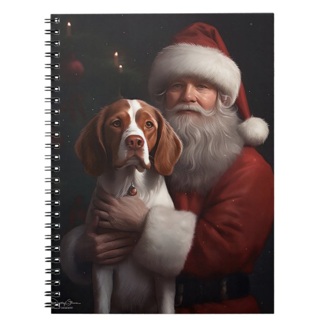 Brittany Spaniel With Santa Claus Christmas Notebook (Front)