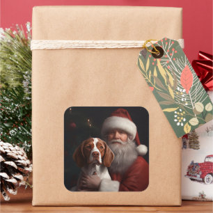Brittany Spaniel With Santa Claus Christmas Square Sticker