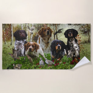  Brittany Spaniels,   Bird Hunting      Beach Towel