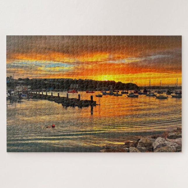 Brixham Twilight: Fiery Sunset & Rocky Coast Jigsaw Puzzle (Horizontal)