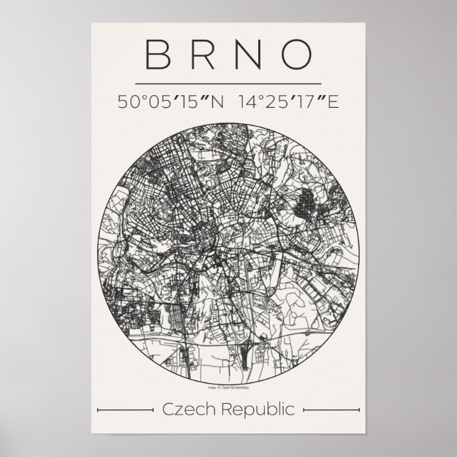 Brno City Map Poster – Minimal Charcoal Design (Front)