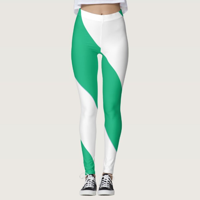 Broad Green and White Diagonal Stripe Leggings (Front)