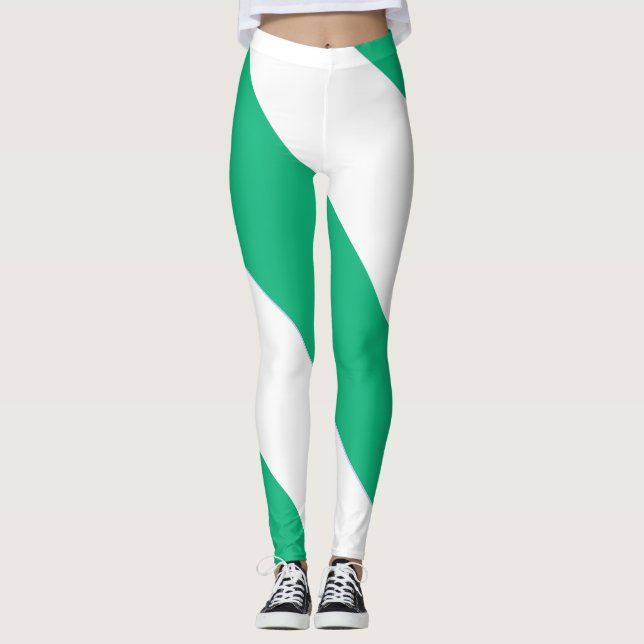 Broad Green and White Diagonal Stripe Leggings (Front)