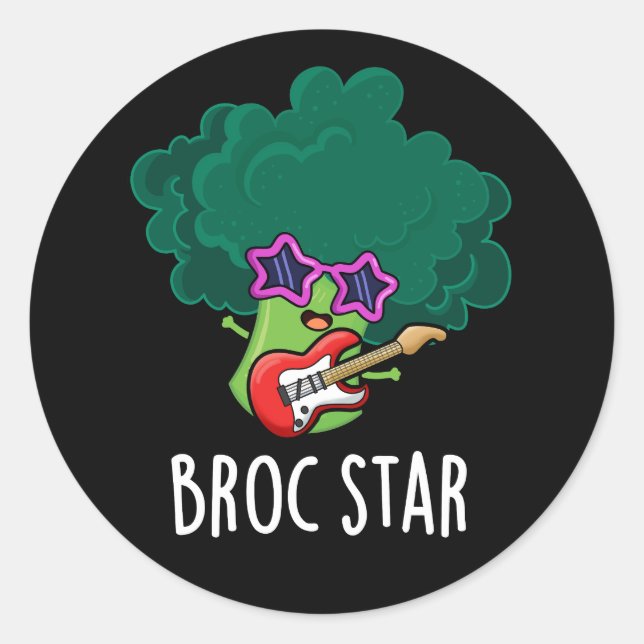 Broc Star Funny Brocolli Rock Star Pun Dark BG Classic Round Sticker (Front)