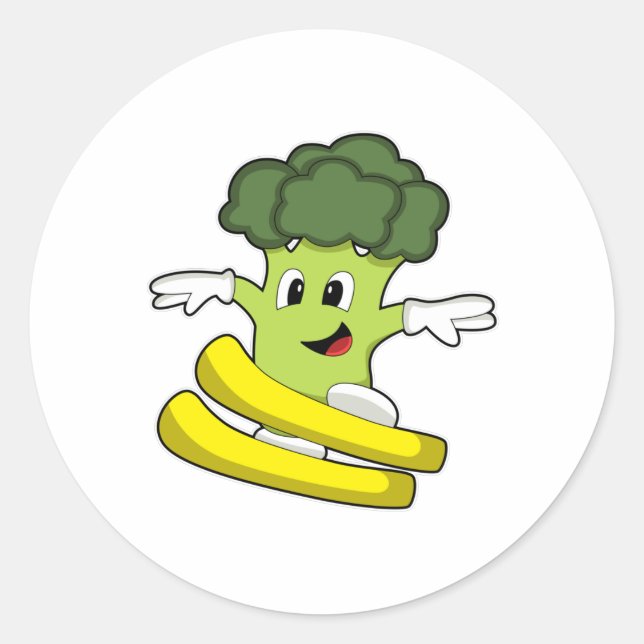 Broccoli as Skier with Ski Classic Round Sticker (Front)
