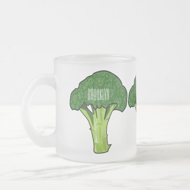 Broccoli cartoon illustration frosted glass coffee mug (Left)