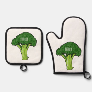 Broccoli cartoon illustration oven mitt & pot holder set