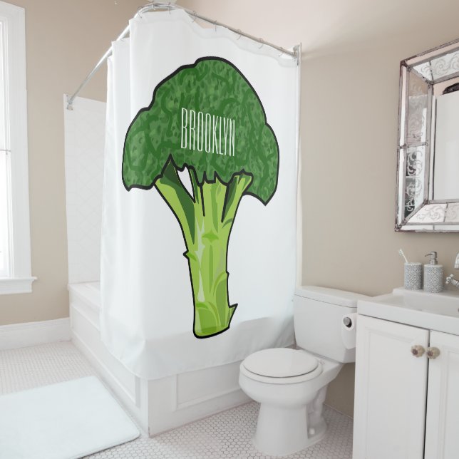 Broccoli cartoon illustration shower curtain (In Situ)