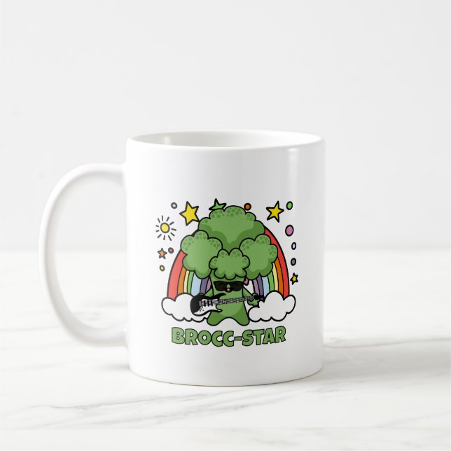 Broccoli Playing Guitar, Brocc Star and Rainbows Coffee Mug (Left)