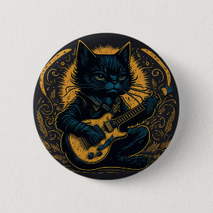 broche black cat guitar hobby funny 6 cm round badge
