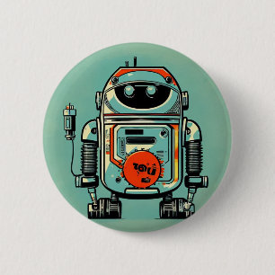broche vintage robot old dirty rustic 6 cm round badge