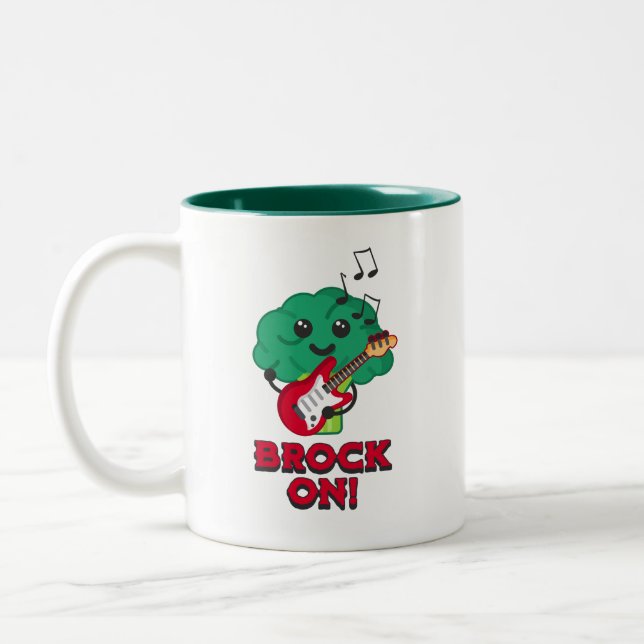 Brock on! Cute and Punny Broccoli Cartoon Two-Tone Coffee Mug (Left)