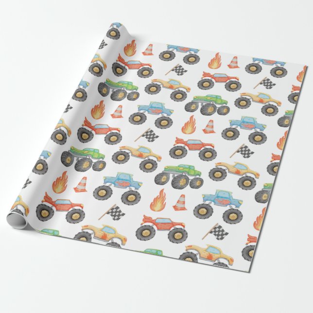BRODI Colourful Monster Truck Boy Birthday Wrapping Paper (Unrolled)