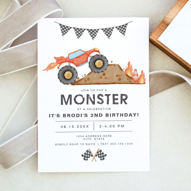 BRODI Red Monster Truck Boy Birthday Invitation (Creator Uploaded)