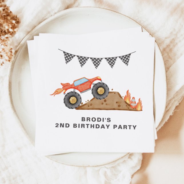 BRODI Red Monster Truck Boy Birthday Napkin (Creator Uploaded)