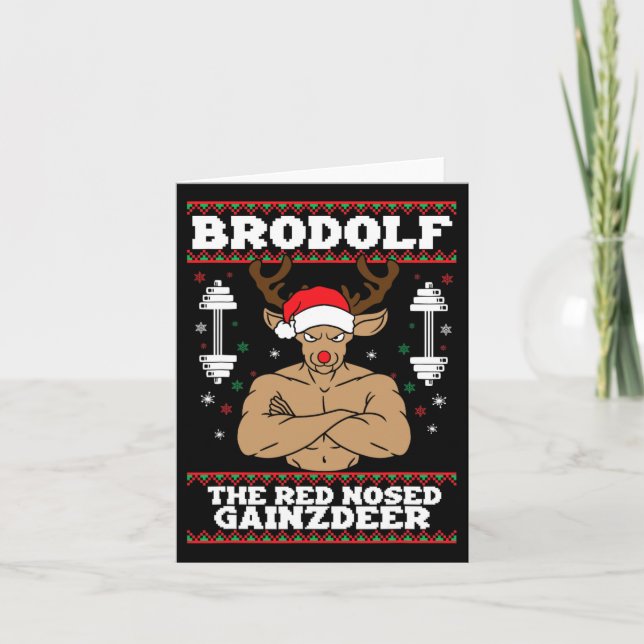 Brodolf Funny Christmas Buff Reindeer Gym Bodybuil Card (Front)