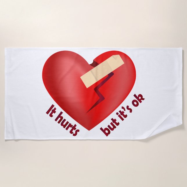 Broken heart healed with patch and life quote beach towel (Front)