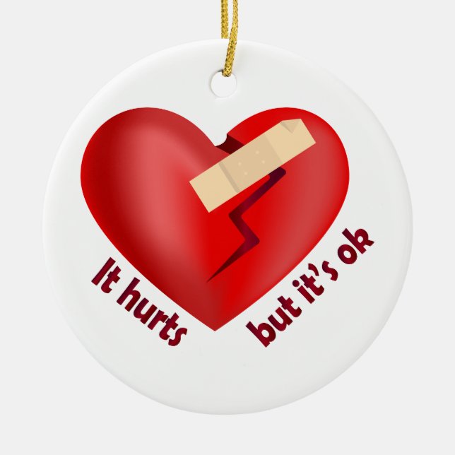 Broken heart healed with patch and life quote ceramic tree decoration (Front)