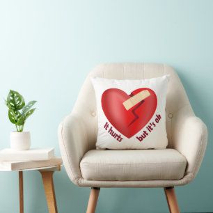 Broken heart healed with patch and life quote cushion