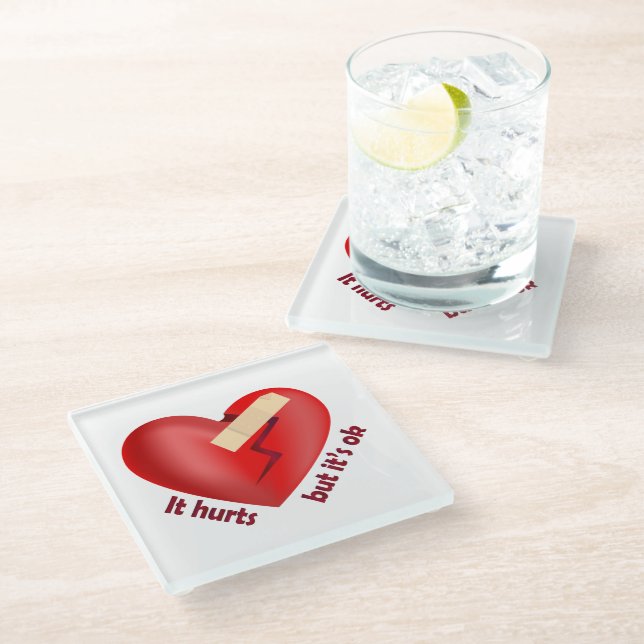 Broken heart healed with patch and life quote glass coaster (Angled)