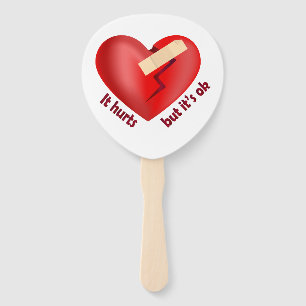Broken heart healed with patch and life quote hand fan