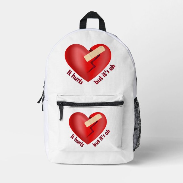 Broken heart healed with patch and life quote printed backpack (Front)