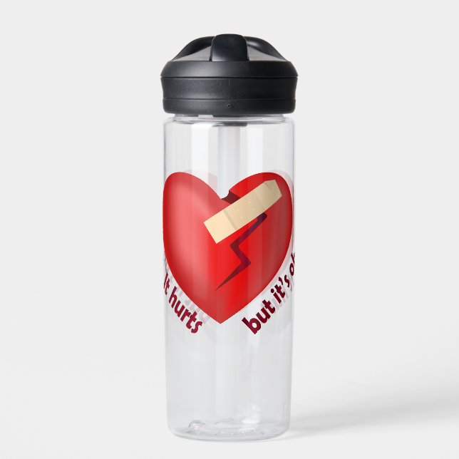 Broken heart healed with patch and life quote water bottle (Front)