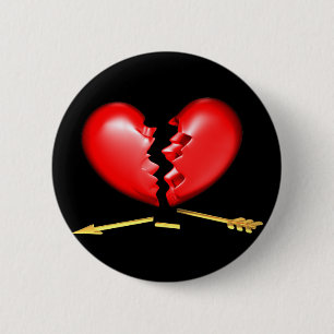 Broken heart with broken golden arrow 6 cm round badge